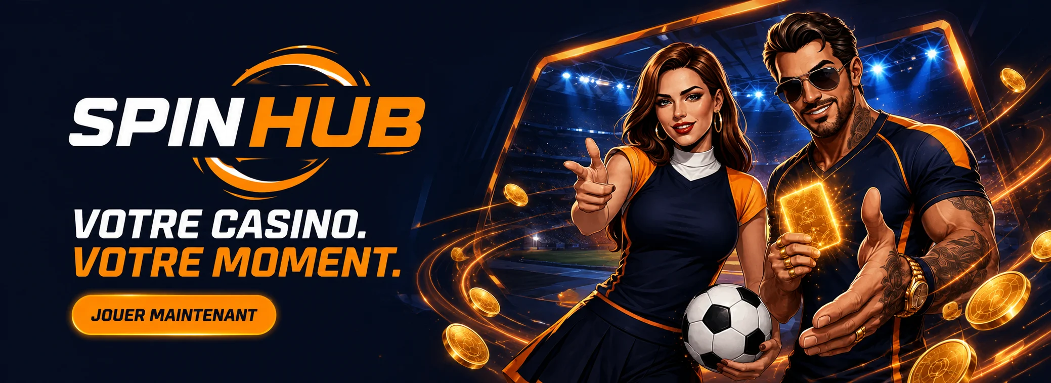 Bannière SpinHub Casino annonçant le Starter Pack de 300 % jusqu'à 1 500 € avec 100 tours gratuits